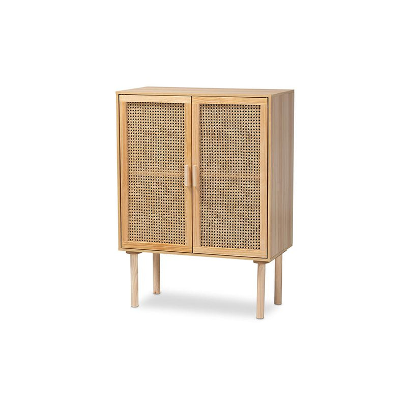 Baxton Studio Maclean Mid-Century Modern Rattan and Natural Brown Finished Wood 2-Door Storage Cabinet | Cabinets | Modishstore