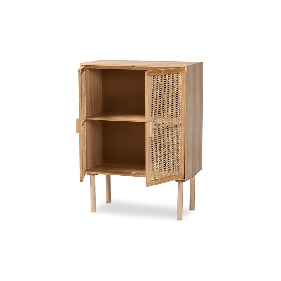 Baxton Studio Maclean Mid-Century Modern Rattan and Natural Brown Finished Wood 2-Door Storage Cabinet | Cabinets | Modishstore - 2