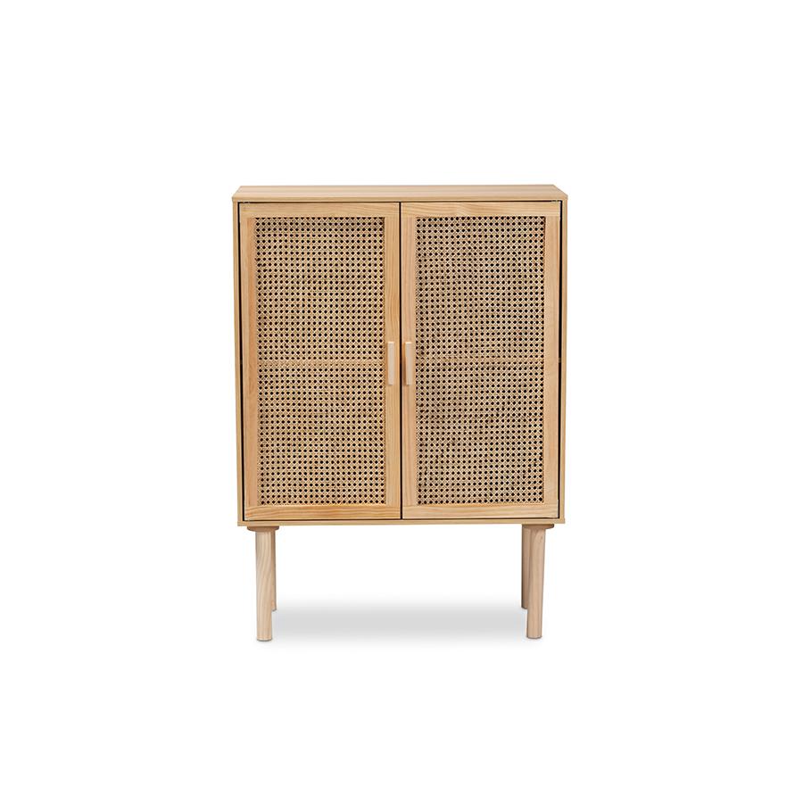 Baxton Studio Maclean Mid-Century Modern Rattan and Natural Brown Finished Wood 2-Door Storage Cabinet | Cabinets | Modishstore - 3