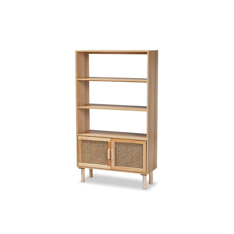 Baxton Studio Faulkner Mid-Century Modern Natural Brown Finished Wood and Rattan 2-Door Bookcase | Bookcases | Modishstore