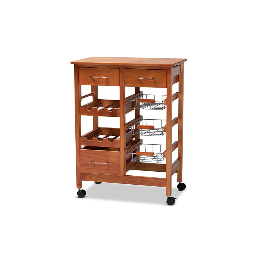 Baxton Studio Crayton Modern and Contemporary Oak Brown Finished Wood and Silver-Tone Metal Mobile Kitchen Storage Cart | Bar Carts | Modishstore