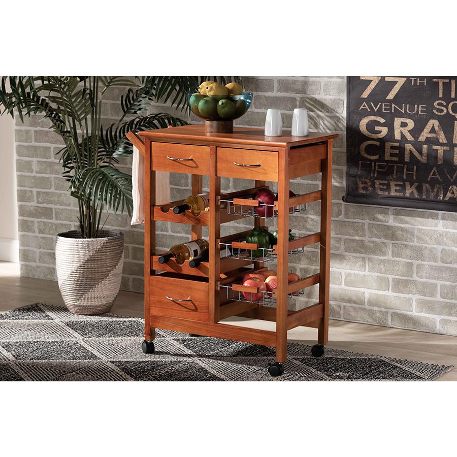 Baxton Studio Crayton Modern and Contemporary Oak Brown Finished Wood and Silver-Tone Metal Mobile Kitchen Storage Cart | Bar Carts | Modishstore - 2