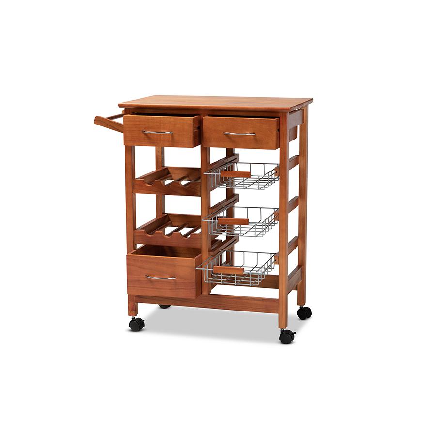 Baxton Studio Crayton Modern and Contemporary Oak Brown Finished Wood and Silver-Tone Metal Mobile Kitchen Storage Cart | Bar Carts | Modishstore - 3