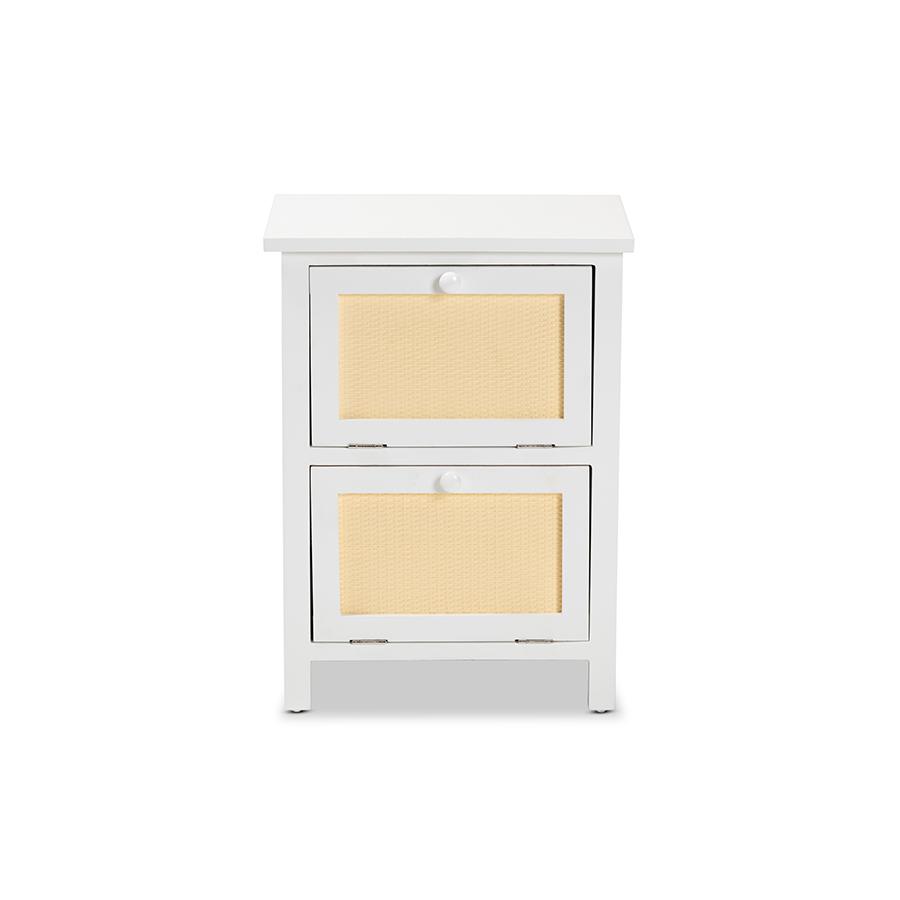 Baxton Studio Sariah Mid-Century Modern White Finished Wood and Rattan 2-Door Nightstand | Nightstands | Modishstore - 3