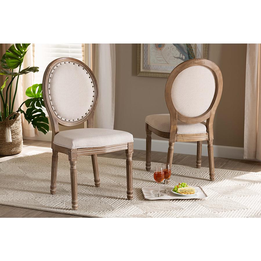 Baxton Studio Louis Traditional French Inspired Beige Fabric Upholstered and Antique Brown Finished Wood 2-Piece Dining Chair Set | Dining Chairs | Modishstore - 2