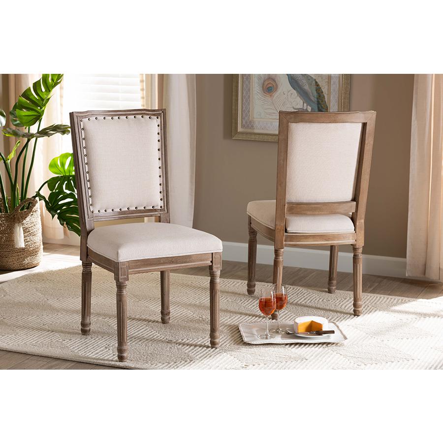 Baxton Studio Louane Traditional French Inspired Beige Fabric Upholstered and Antique Brown Finished Wood 2-Piece Dining Chair Set | Dining Chairs | Modishstore - 2