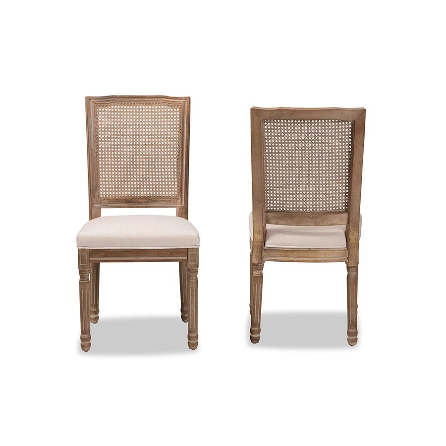 Baxton Studio Louane Traditional French Inspired Beige Fabric Upholstered and Antique Brown Finished Wood 2-Piece Dining Chair Set with Rattan | Dining Chairs | Modishstore - 4