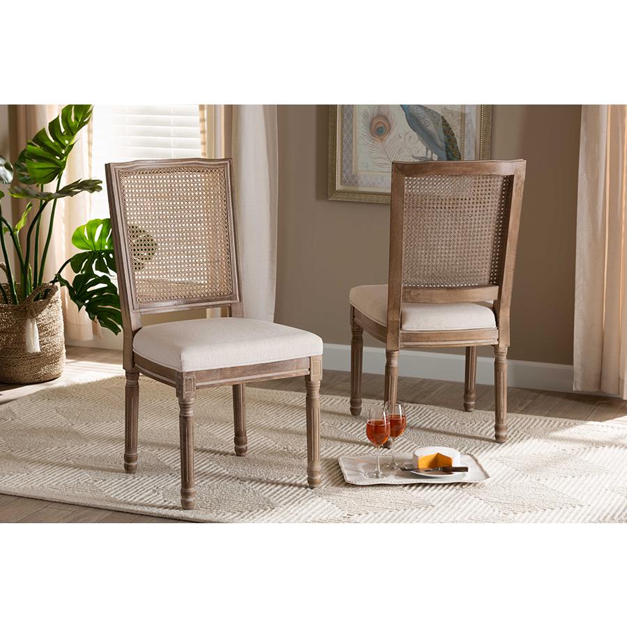 Baxton Studio Louane Traditional French Inspired Beige Fabric Upholstered and Antique Brown Finished Wood 2-Piece Dining Chair Set with Rattan | Dining Chairs | Modishstore - 2