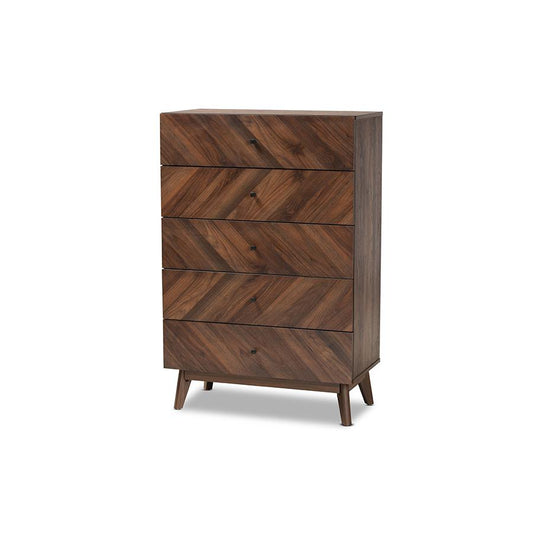 Baxton Studio Hartman Mid-Century Modern Walnut Brown Finished Wood 5-Drawer Storage Chest | Drawers | Modishstore