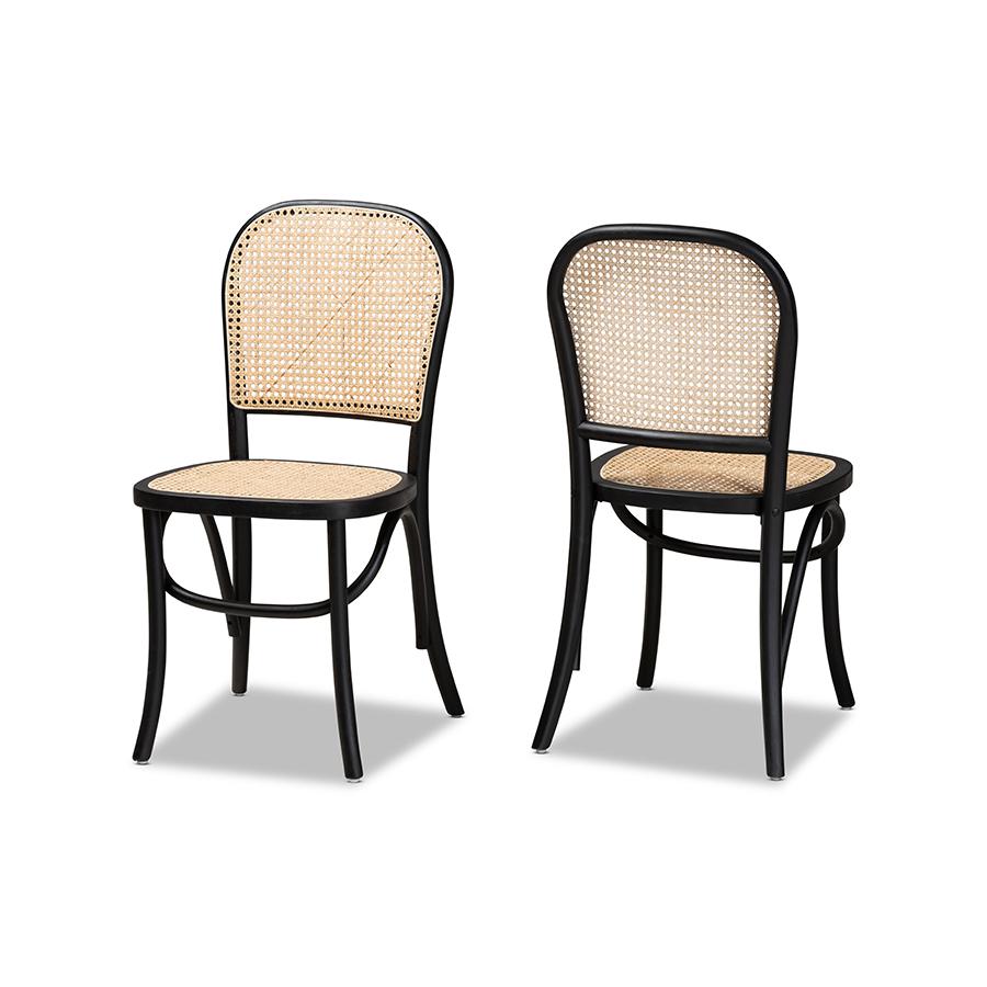 Baxton Studio Cambree Mid-Century Modern Brown Woven Rattan and Black Wood 2-Piece Cane Dining Chair Set | Dining Chairs | Modishstore - 2