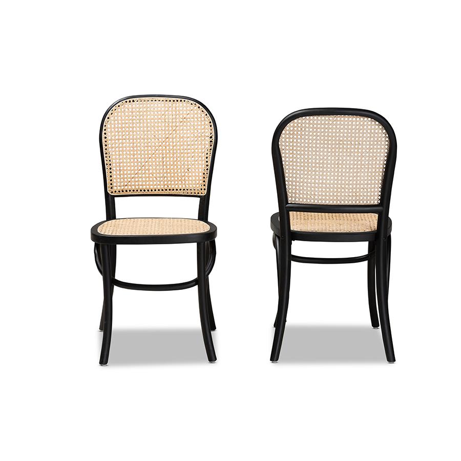 Baxton Studio Cambree Mid-Century Modern Brown Woven Rattan and Black Wood 2-Piece Cane Dining Chair Set | Dining Chairs | Modishstore - 3