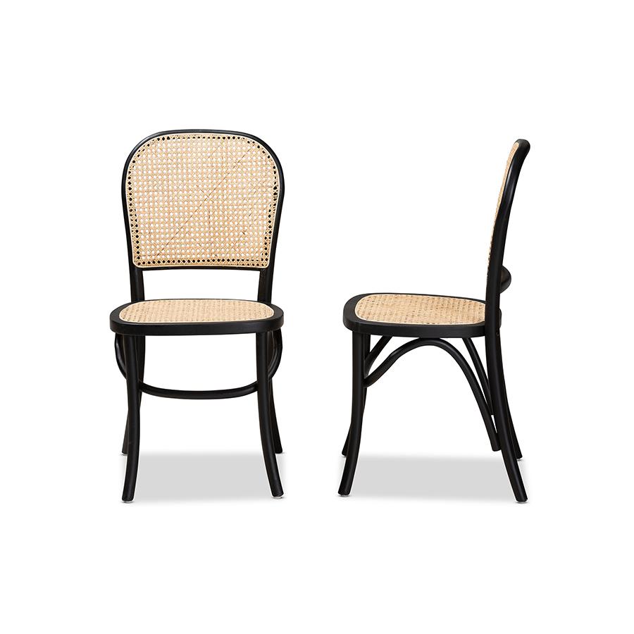 Baxton Studio Cambree Mid-Century Modern Brown Woven Rattan and Black Wood 2-Piece Cane Dining Chair Set | Dining Chairs | Modishstore - 4