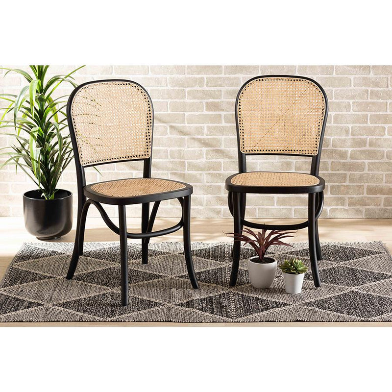 Baxton Studio Cambree Mid-Century Modern Brown Woven Rattan and Black Wood 2-Piece Cane Dining Chair Set | Dining Chairs | Modishstore