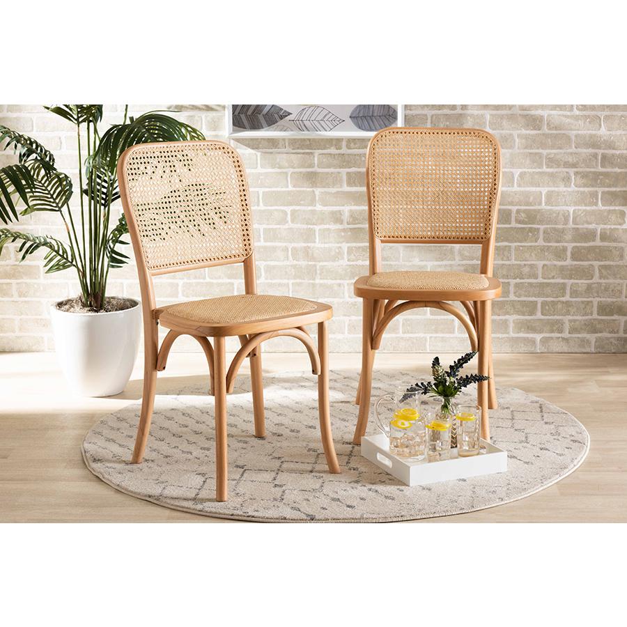 Baxton Studio Neah Mid-Century Modern Brown Woven Rattan and Wood 2-Piece Cane Dining Chair Set | Dining Chairs | Modishstore