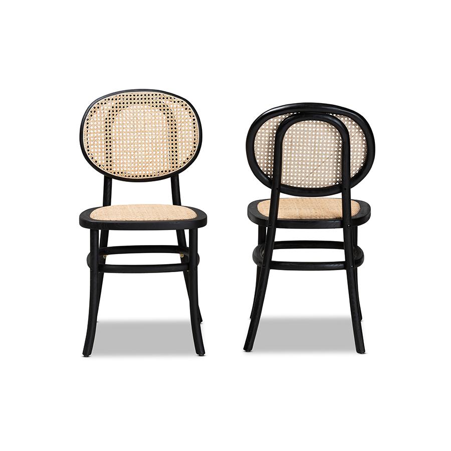 Baxton Studio Garold Mid-Century Modern Brown Woven Rattan and Black Wood 2-Piece Cane Dining Chair Set | Dining Chairs | Modishstore - 3