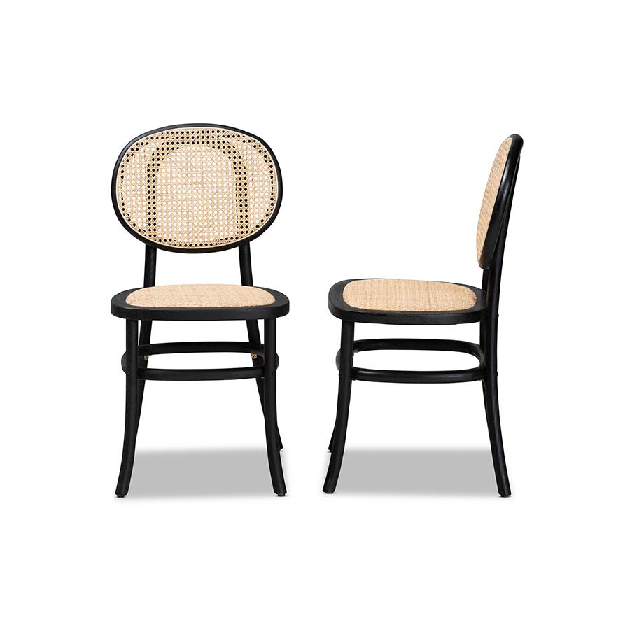 Baxton Studio Garold Mid-Century Modern Brown Woven Rattan and Black Wood 2-Piece Cane Dining Chair Set | Dining Chairs | Modishstore - 4