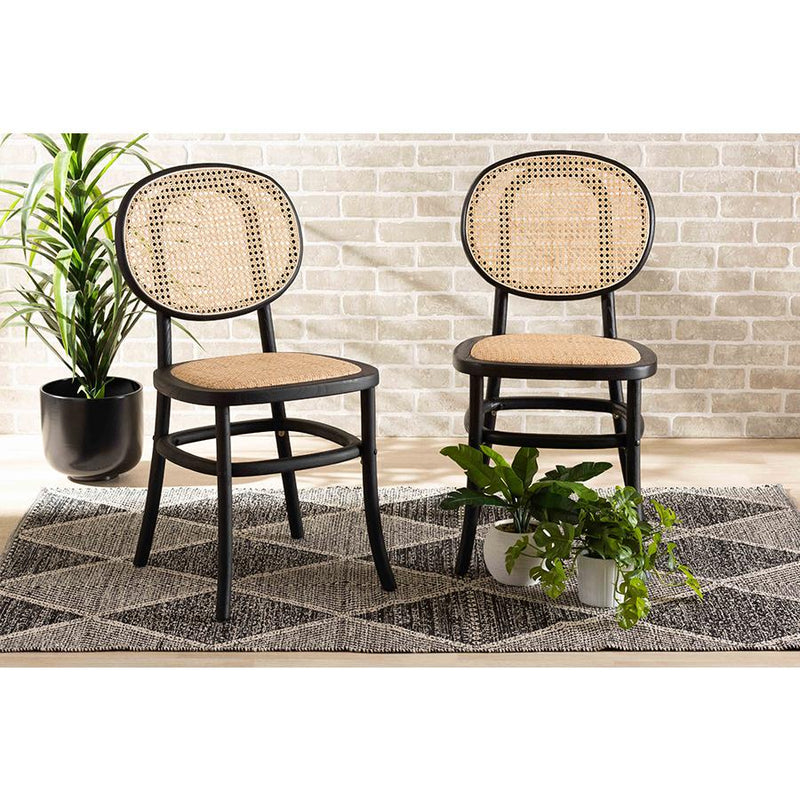 Baxton Studio Garold Mid-Century Modern Brown Woven Rattan and Black Wood 2-Piece Cane Dining Chair Set | Dining Chairs | Modishstore