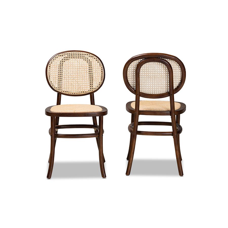 Baxton Studio Garold Mid-Century Modern Brown Woven Rattan and Walnut Brown Wood 2-Piece Cane Dining Chair Set | Dining Chairs | Modishstore - 3