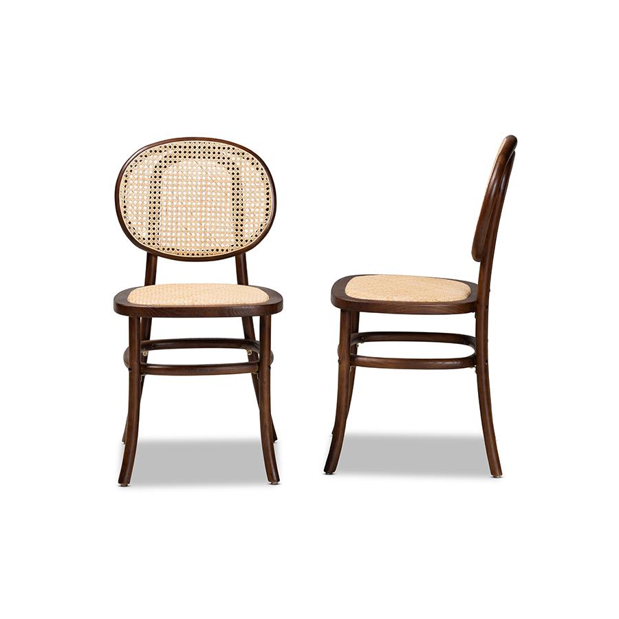 Baxton Studio Garold Mid-Century Modern Brown Woven Rattan and Walnut Brown Wood 2-Piece Cane Dining Chair Set | Dining Chairs | Modishstore - 4