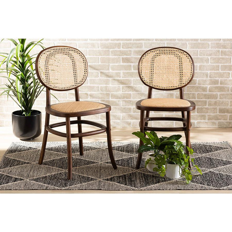 Baxton Studio Garold Mid-Century Modern Brown Woven Rattan and Walnut Brown Wood 2-Piece Cane Dining Chair Set | Dining Chairs | Modishstore