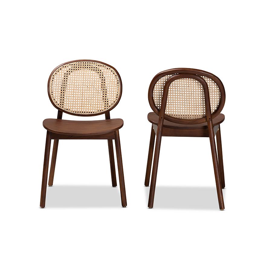 Baxton Studio Halen Mid-Century Modern Brown Woven Rattan and Walnut Brown Wood Finished 2-Piece Cane Dining Chair Set | Dining Chairs | Modishstore - 3