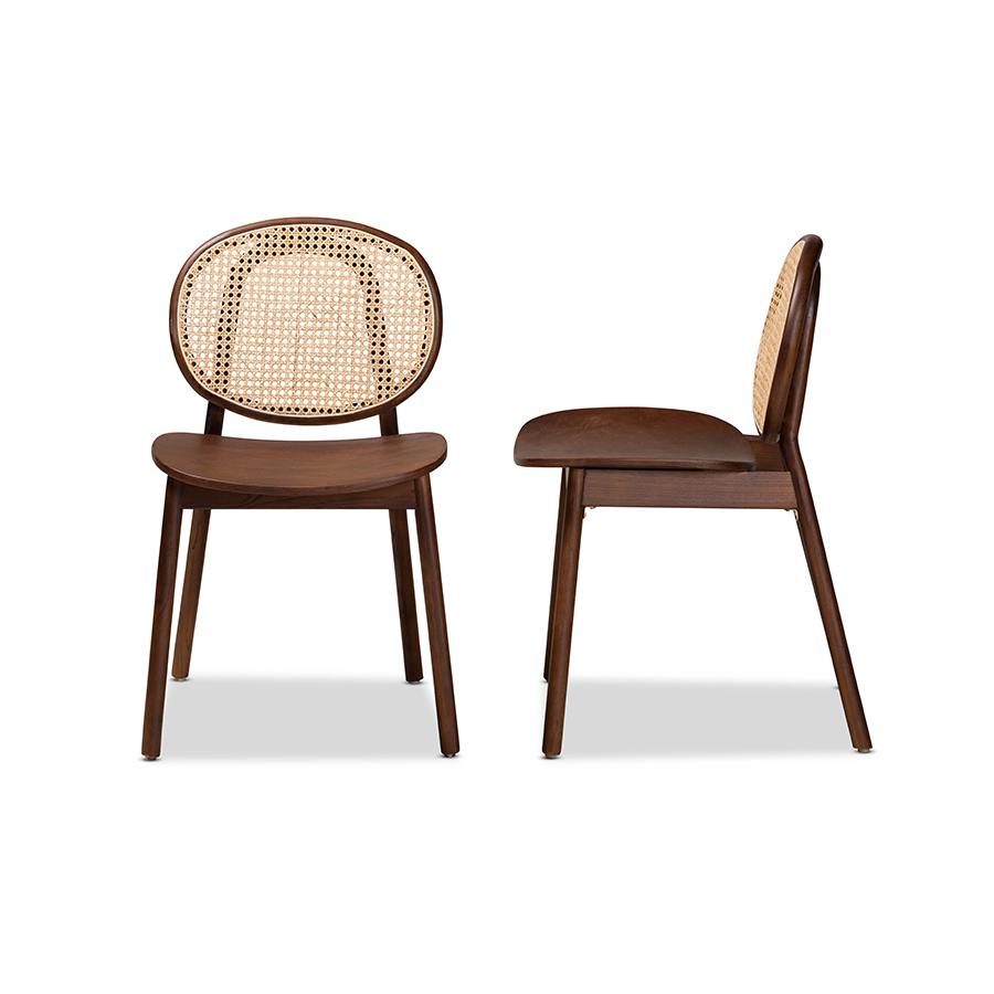 Baxton Studio Halen Mid-Century Modern Brown Woven Rattan and Walnut Brown Wood Finished 2-Piece Cane Dining Chair Set | Dining Chairs | Modishstore - 4