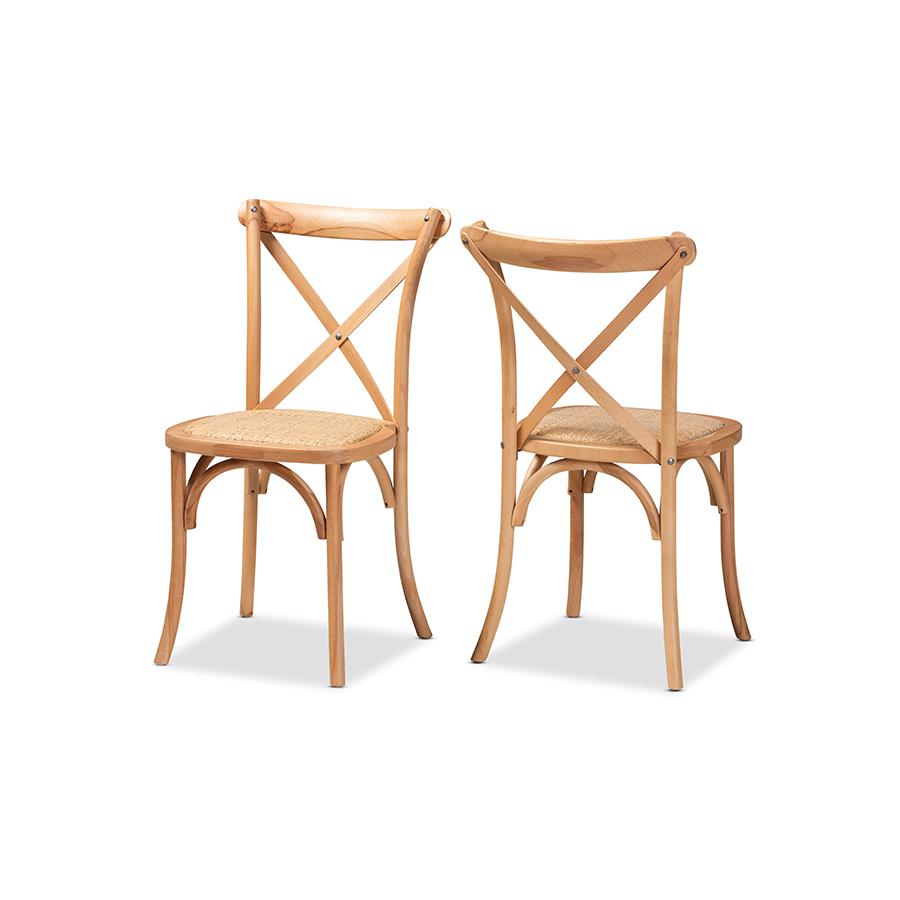 Baxton Studio Tartan Mid-Century Modern Brown Woven Rattan and Wood 2-Piece Dining Chair Set | Dining Chairs | Modishstore - 2