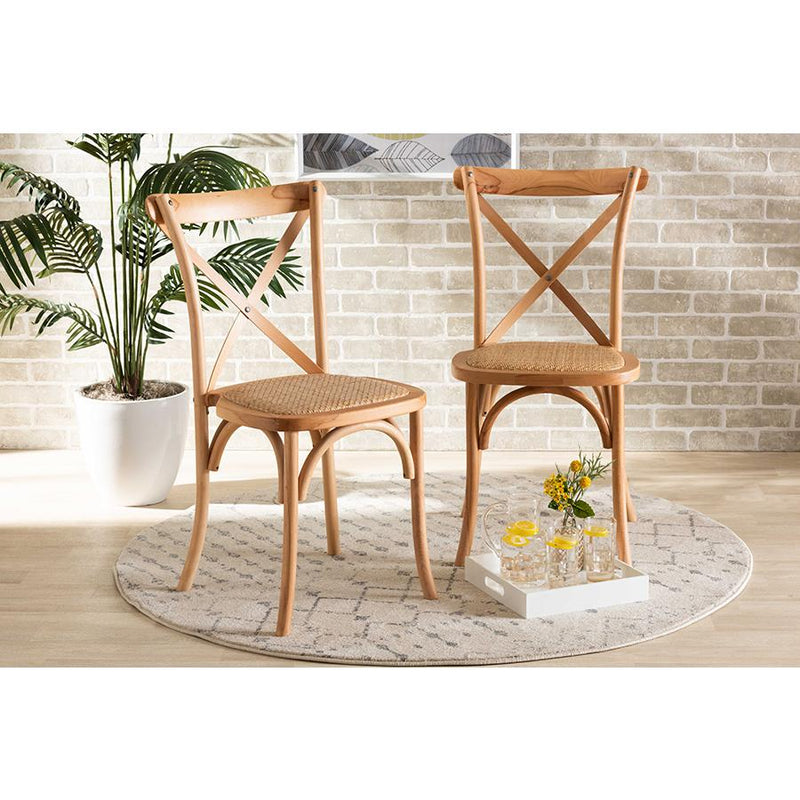 Baxton Studio Tartan Mid-Century Modern Brown Woven Rattan and Wood 2-Piece Dining Chair Set | Dining Chairs | Modishstore