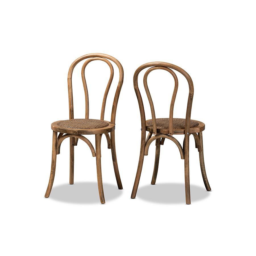 Baxton Studio Dacian Mid-Century Modern Brown Woven Rattan and Walnut Brown Wood 2-Piece Dining Chair Set | Dining Chairs | Modishstore - 2