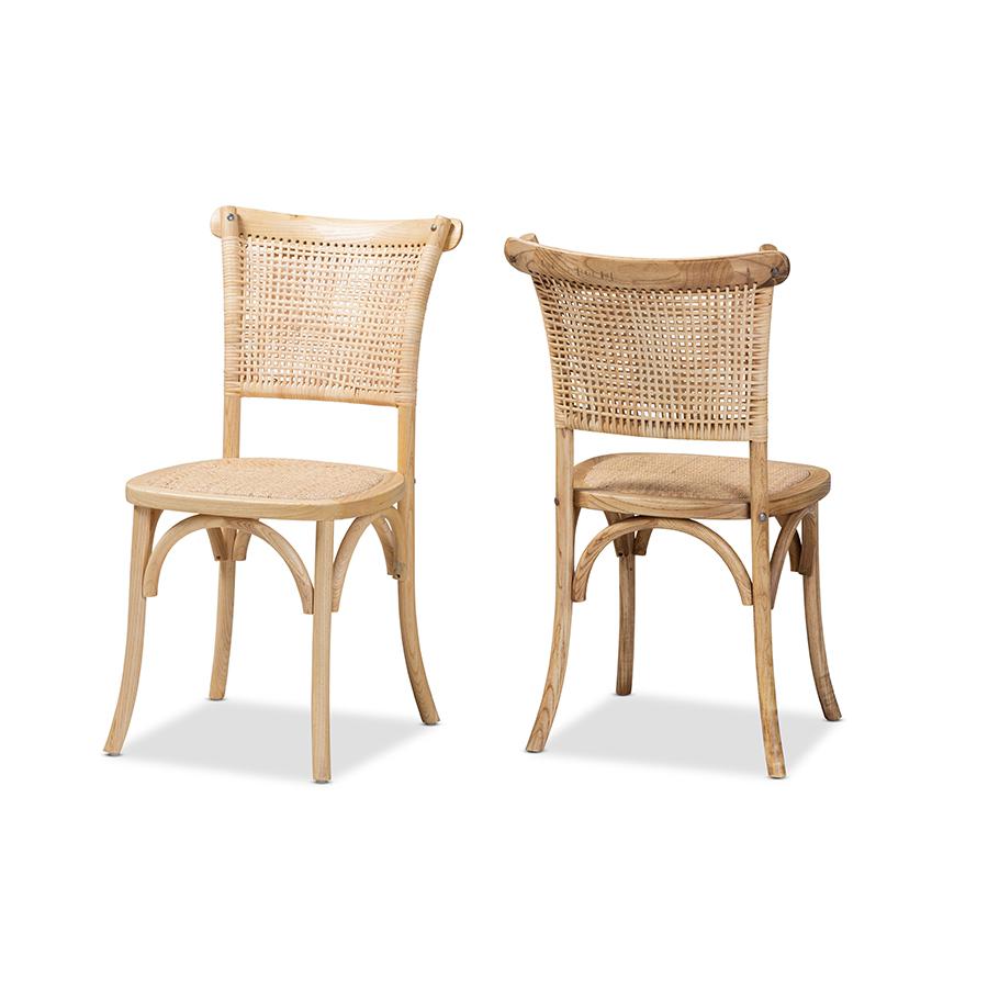 Baxton Studio Fields Mid-Century Modern Brown Woven Rattan and Wood 2-Piece Cane Dining Chair Set | Dining Chairs | Modishstore - 2