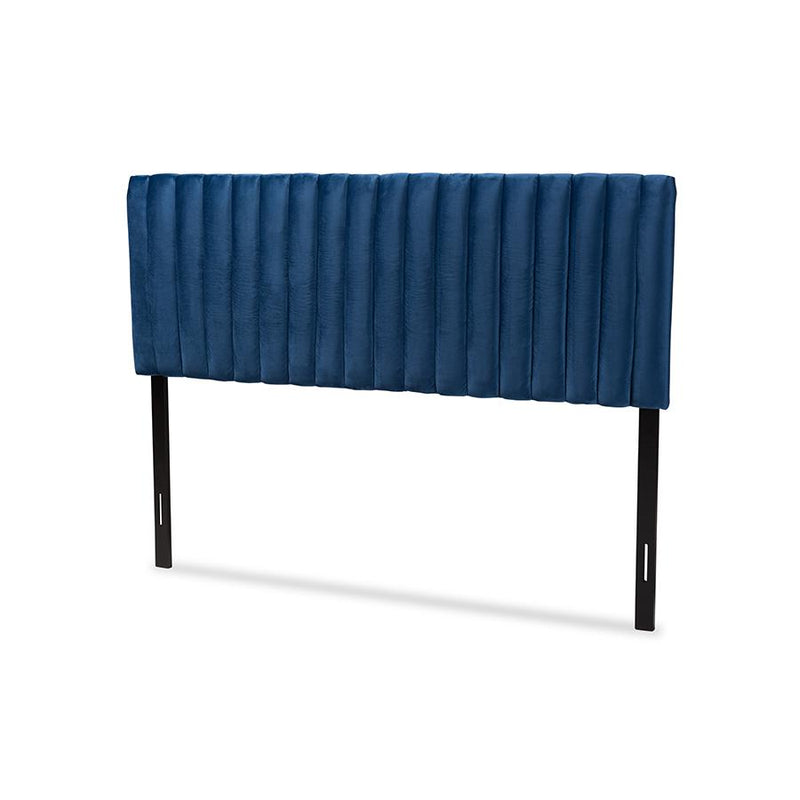 Baxton Studio Emile Modern and Contemporary Navy Blue Velvet Fabric Upholstered and Dark Brown Finished Wood Queen Size Headboard | Headboards | Modishstore