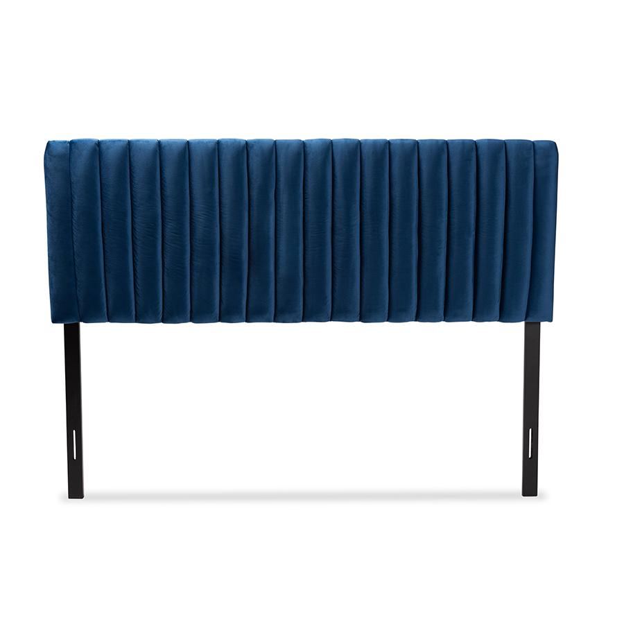 Baxton Studio Emile Modern and Contemporary Navy Blue Velvet Fabric Upholstered and Dark Brown Finished Wood Full Size Headboard | Headboards | Modishstore - 3