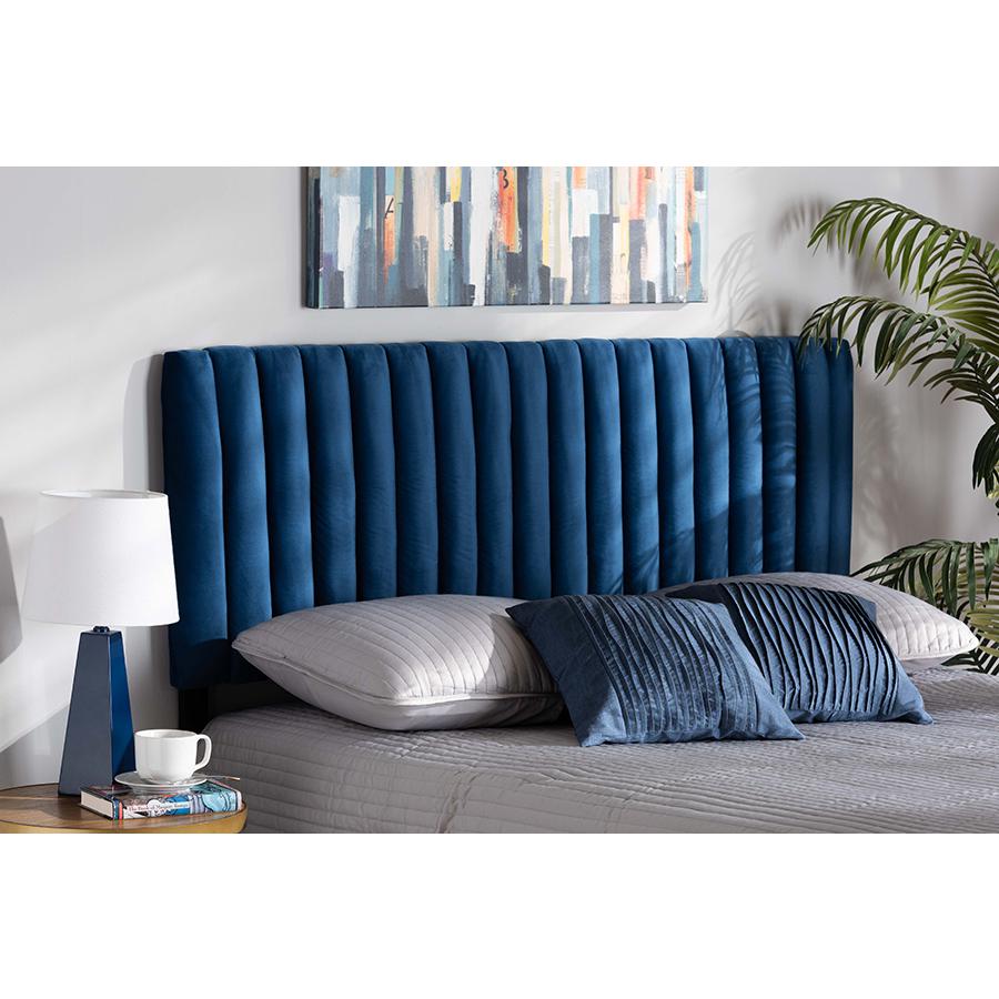 Baxton Studio Emile Modern and Contemporary Navy Blue Velvet Fabric Upholstered and Dark Brown Finished Wood Full Size Headboard | Headboards | Modishstore - 2
