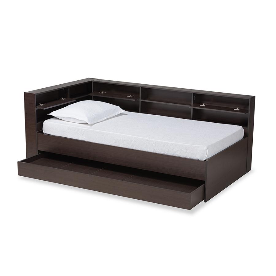 Baxton Studio Faraday Modern and Contemporary Dark Brown Finished Wood Twin Size Platform Storage Corner Bed | Beds | Modishstore - 3
