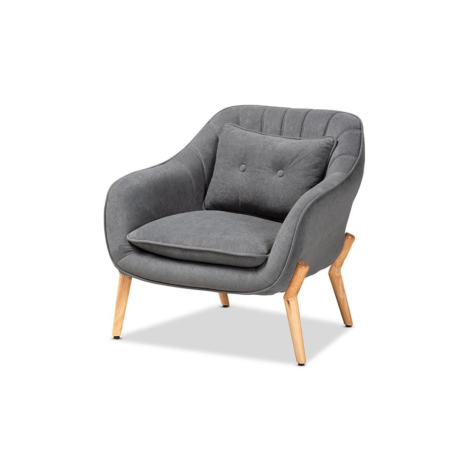 Baxton Studio Valentina Mid-Century Modern Transitional Grey Velvet Fabric Upholstered and Natural Wood Finished Armchair | Armchairs | Modishstore - 2