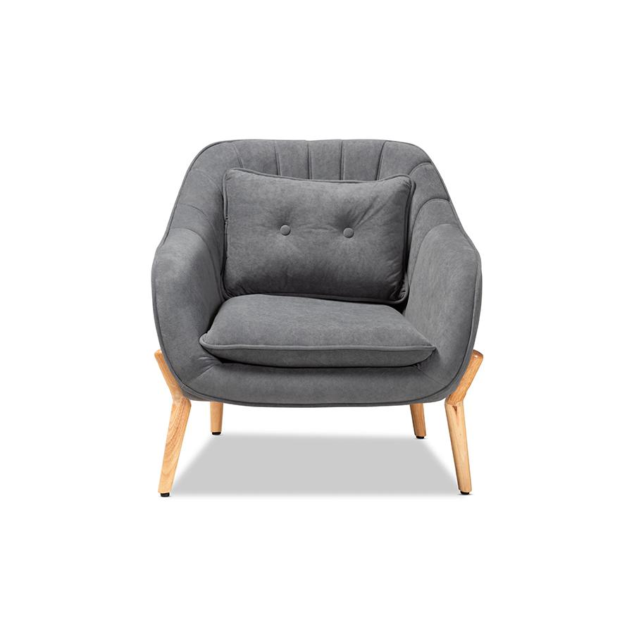 Baxton Studio Valentina Mid-Century Modern Transitional Grey Velvet Fabric Upholstered and Natural Wood Finished Armchair | Armchairs | Modishstore - 3