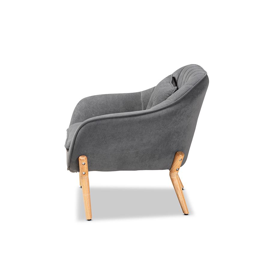 Baxton Studio Valentina Mid-Century Modern Transitional Grey Velvet Fabric Upholstered and Natural Wood Finished Armchair | Armchairs | Modishstore - 4