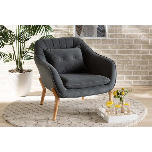 Baxton Studio Valentina Mid-Century Modern Transitional Grey Velvet Fabric Upholstered and Natural Wood Finished Armchair | Armchairs | Modishstore