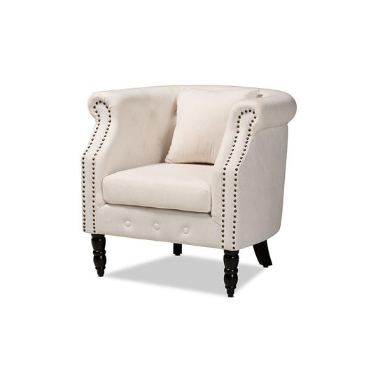 Baxton Studio Renessa Classic and Traditional Beige Velvet Fabric Upholstered and Dark Brown Finished Wood Armchair | Armchairs | Modishstore