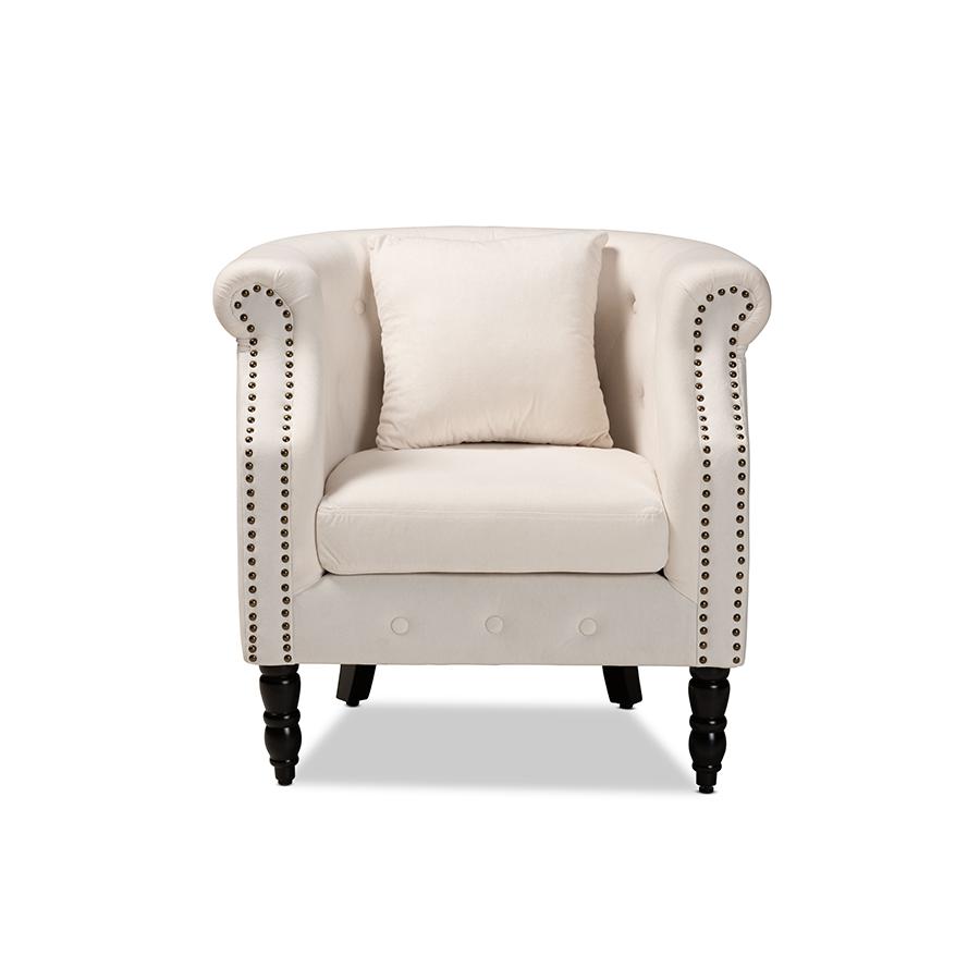 Baxton Studio Renessa Classic and Traditional Beige Velvet Fabric Upholstered and Dark Brown Finished Wood Armchair | Armchairs | Modishstore - 3