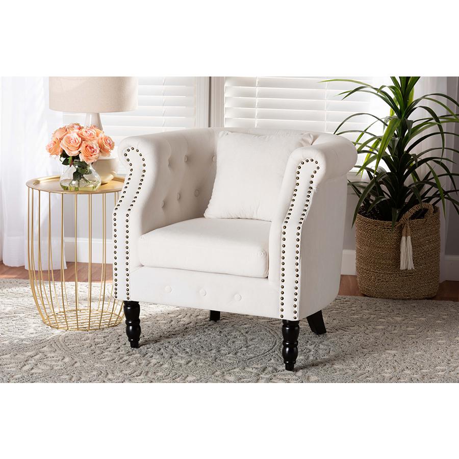 Baxton Studio Renessa Classic and Traditional Beige Velvet Fabric Upholstered and Dark Brown Finished Wood Armchair | Armchairs | Modishstore - 2