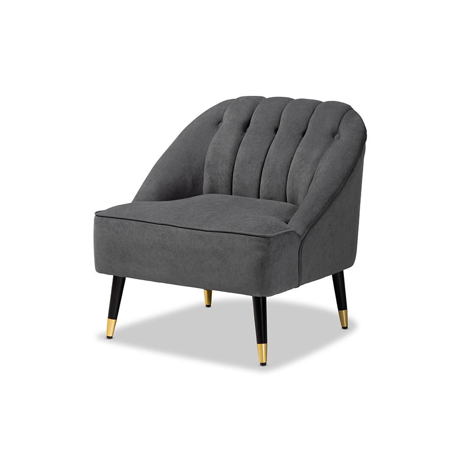 Baxton Studio Ellard Modern and Contemporary Grey Velvet Fabric Upholstered and Two-Tone Dark Brown and Gold Finished Wood Accent Chair | Accent Chairs | Modishstore