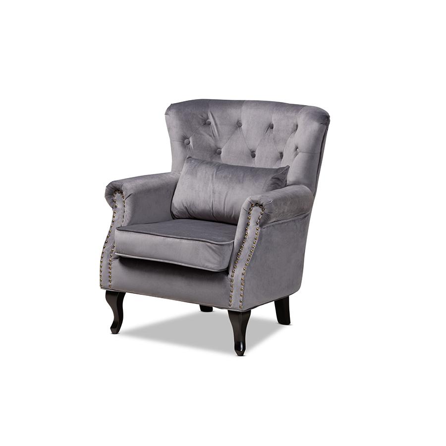 Baxton Studio Fletcher Classic and Traditional Grey Velvet Fabric Upholstered and Dark Brown Finished Wood Armchair | Armchairs | Modishstore - 2