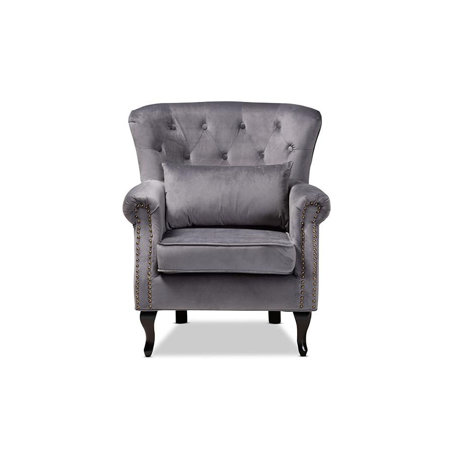 Baxton Studio Fletcher Classic and Traditional Grey Velvet Fabric Upholstered and Dark Brown Finished Wood Armchair | Armchairs | Modishstore - 3