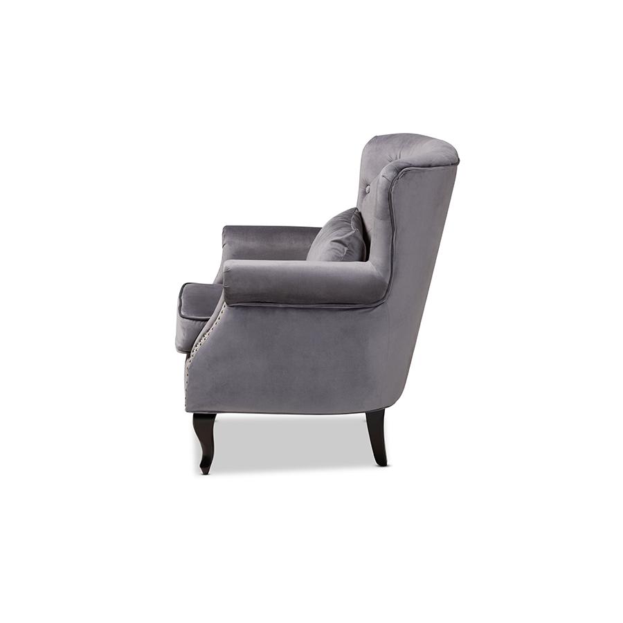 Baxton Studio Fletcher Classic and Traditional Grey Velvet Fabric Upholstered and Dark Brown Finished Wood Armchair | Armchairs | Modishstore - 4