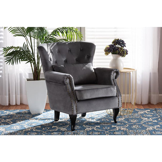 Baxton Studio Fletcher Classic and Traditional Grey Velvet Fabric Upholstered and Dark Brown Finished Wood Armchair | Armchairs | Modishstore