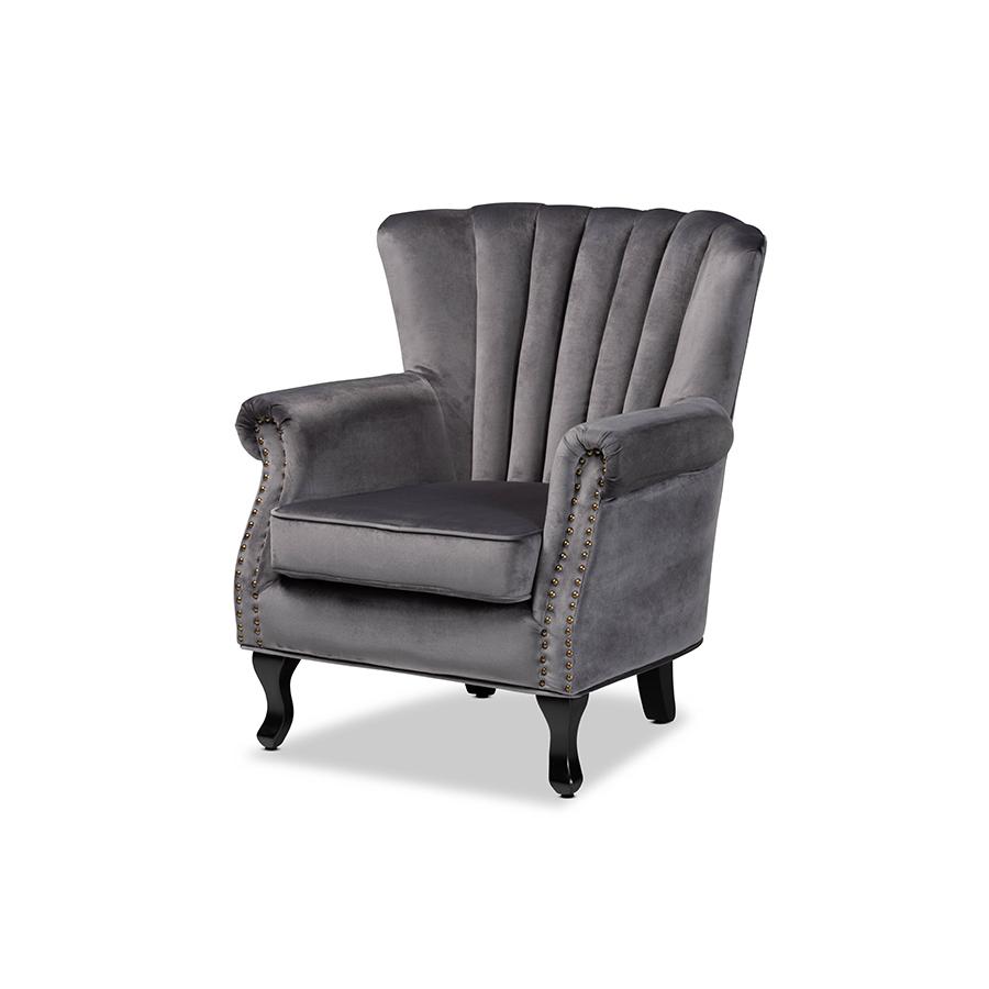 Baxton Studio Relena Classic and Traditional Grey Velvet Fabric Upholstered and Dark Brown Finished Wood Armchair | Armchairs | Modishstore