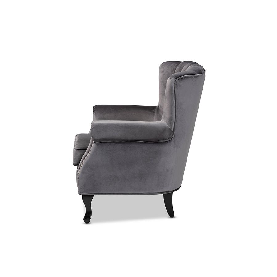 Baxton Studio Relena Classic and Traditional Grey Velvet Fabric Upholstered and Dark Brown Finished Wood Armchair | Armchairs | Modishstore - 4
