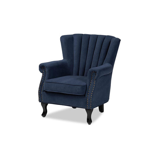 Baxton Studio Relena Classic and Traditional Navy Blue Velvet Fabric Upholstered and Dark Brown Finished Wood Armchair | Armchairs | Modishstore