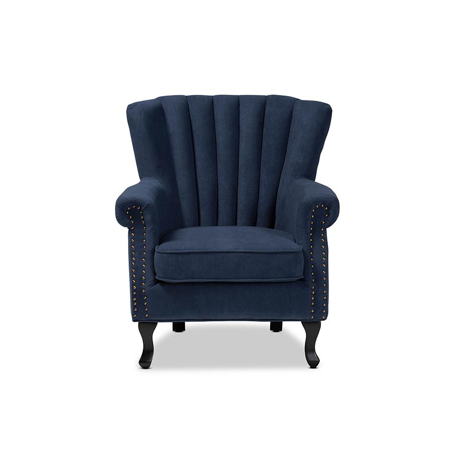 Baxton Studio Relena Classic and Traditional Navy Blue Velvet Fabric Upholstered and Dark Brown Finished Wood Armchair | Armchairs | Modishstore - 3